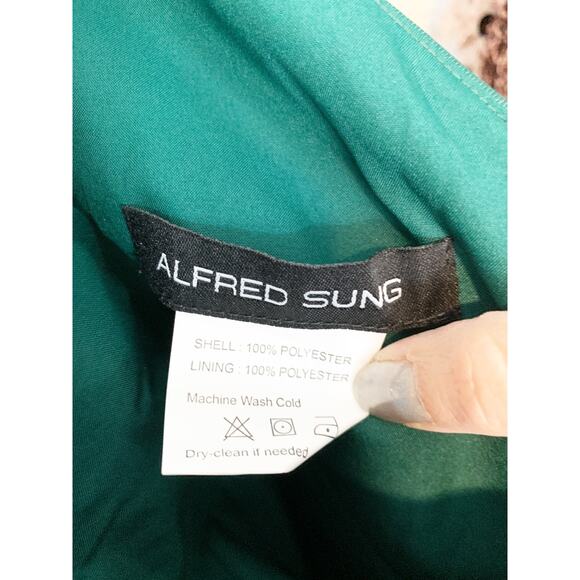 ALFRED SUNG Gown Size 2 NEW Draped One-Shoulder Satin Maxi Pockets Emerald Green - Picture 7 of 8